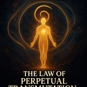 Spiritual illustration of a glowing human figure made of golden energy, standing in front of a cosmic background. A radiant orb glows at the heart center, symbolizing transformation. Golden energy waves swirl around the figure, with the title 'The Law of Perpetual Transmutation of Energy' displayed beneath.