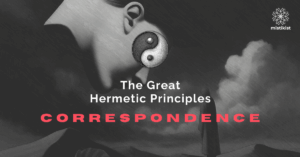 Abstract illustration representing the Hermetic Principle of Correspondence, showing a mirrored reflection of a human mind and outer world, symbolizing the connection between inner thoughts and outer reality.