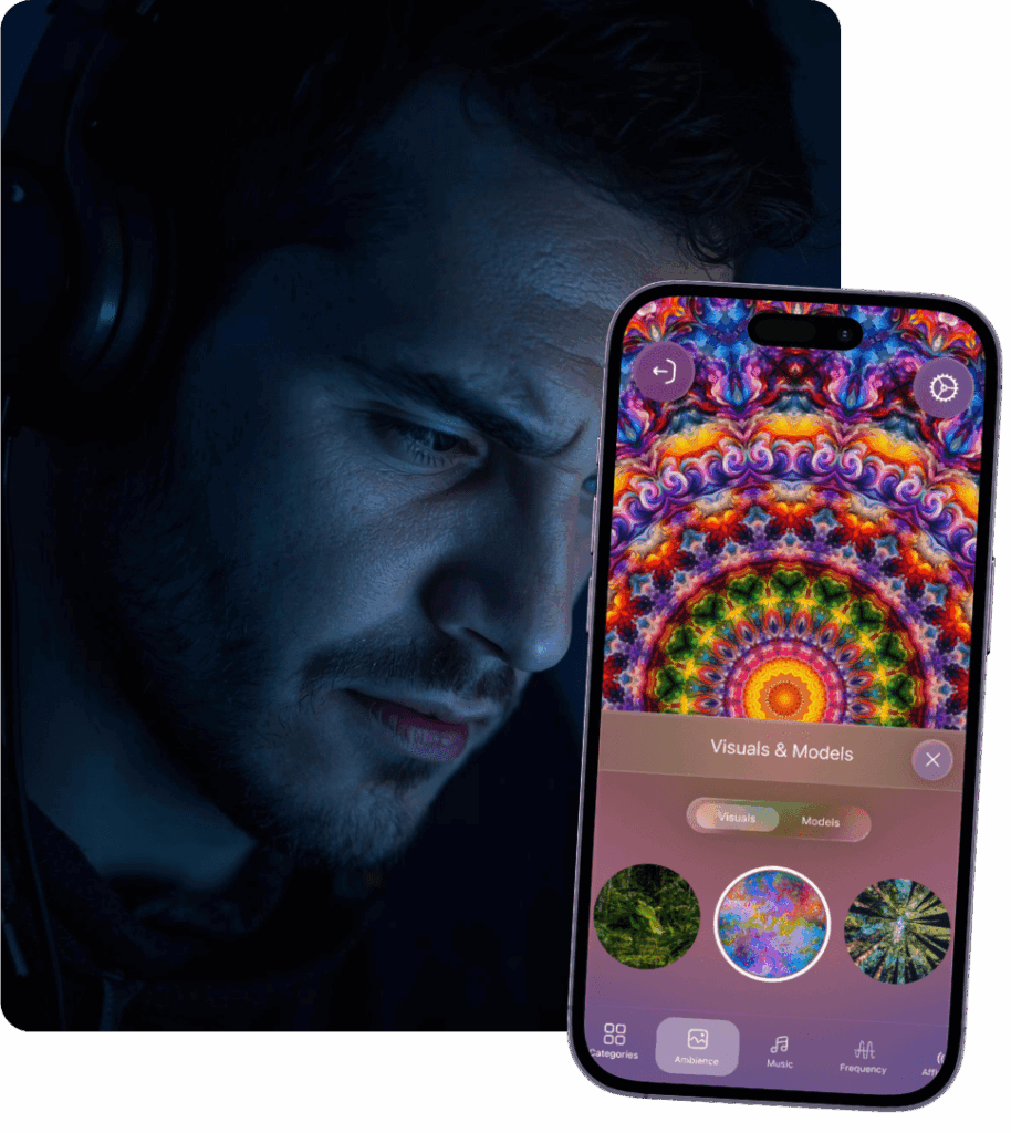 A man, who is working with laser sharp focus and listening to binaural beats on Mistikist