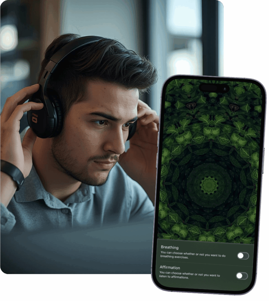 A man at his peak cognitive performance, listening to binaural beats and watching kaleidoscope on Mistikist