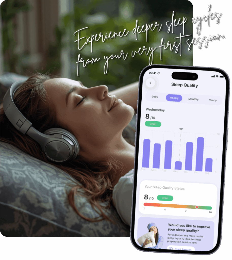 A woman falling asleep easily by using Mistikist.