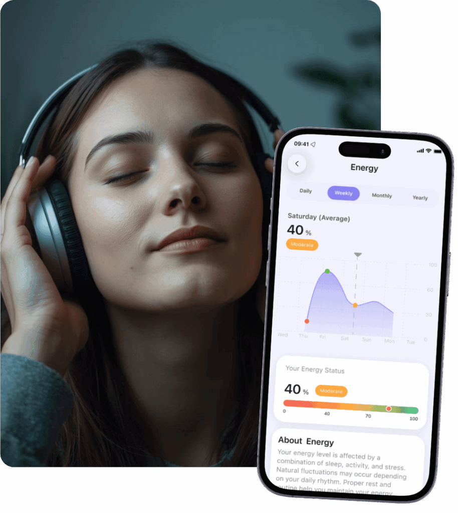 A relaxed woman and her relaxation point on Mistikist app.
